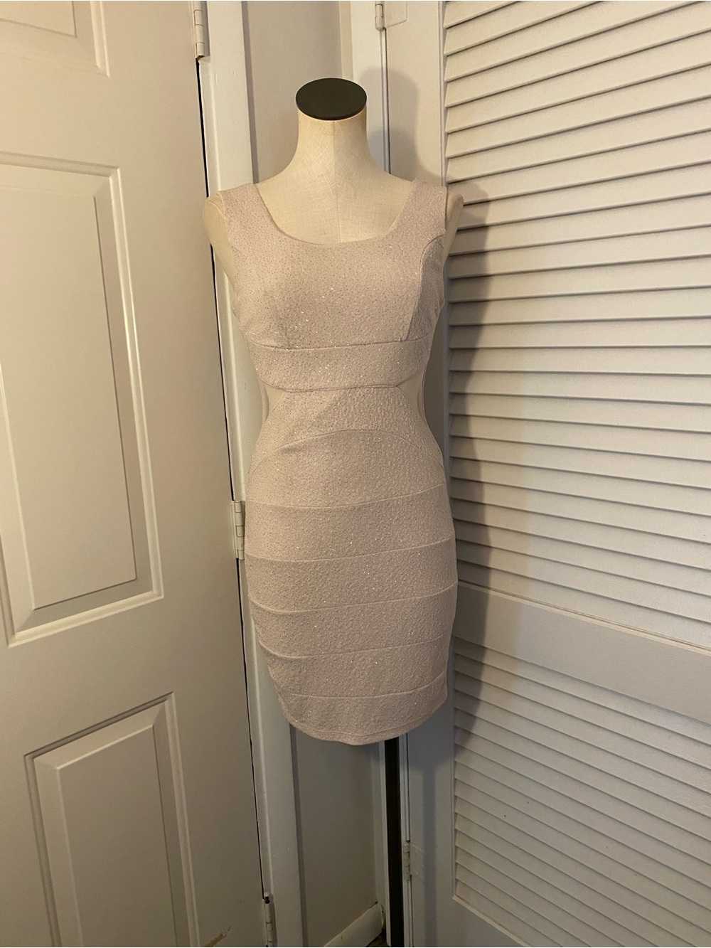 Crystal Doll Sleeveless Mini Dress in Nude- Size Medium